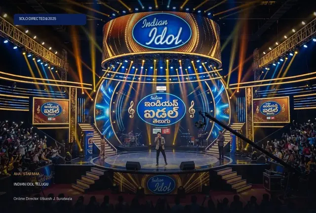 Indian Idol Telugu stage set with the Idol logo and live audience